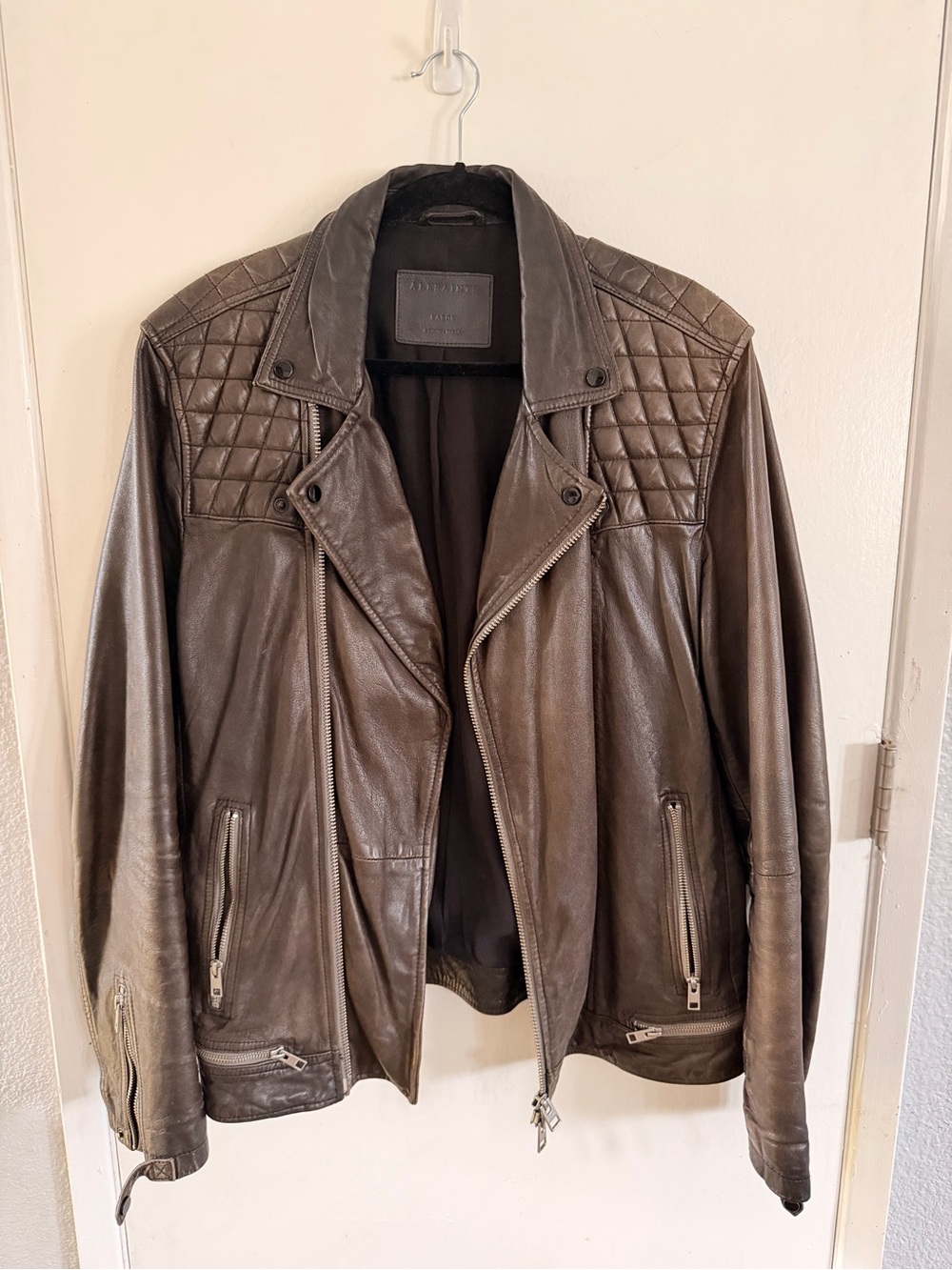 All Saints Men  Quilted Shoulder Leather Jacket - Brown